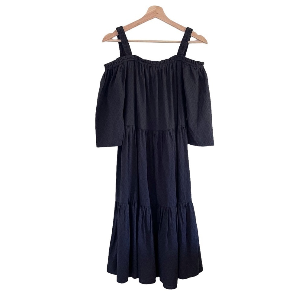 NWT Pink Chicken Paulette Cotton Dobby Off Shoulder Tiered Sun Dress Navy XS